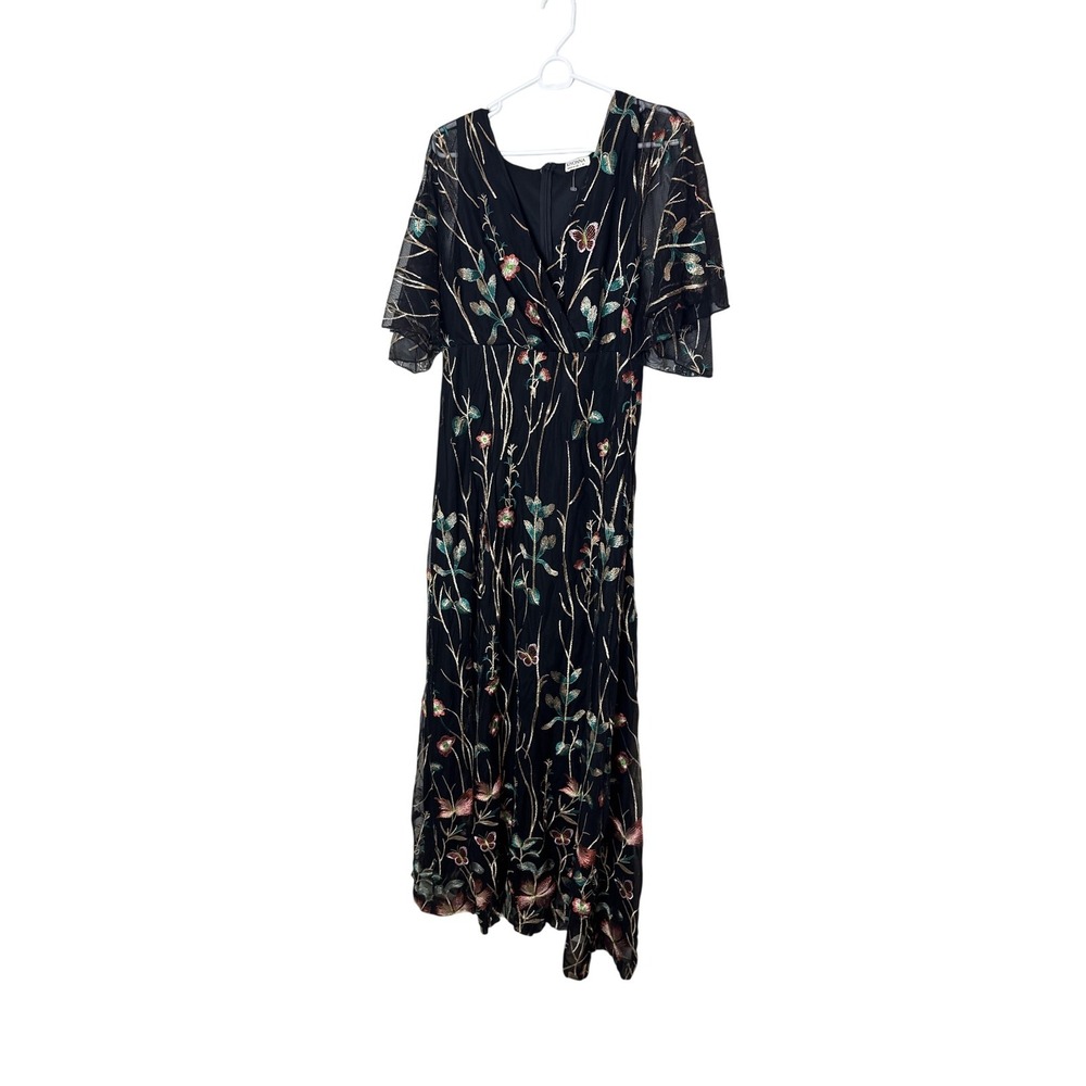 Kiyonna Dress Womens XL Black Embroidered Mesh Maxi Gown Flutter Sleeve Formal